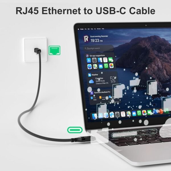 USB C to Ethernet Cable 2 FT, USB Type C to RJ45 Nylon Braided Cord, Gigabit Directly Connected, USB-C to Network Internet Adapter, Compatible with MacBook Pro, iPad Pro, Smartphone, Laptop, PC