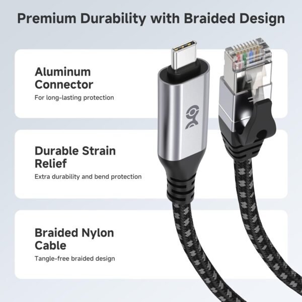Cable Matters Plug & Play Braided USB C to Ethernet Cable - 6ft, Gigabit Ethernet to USB C Cable, Thunderbolt 4/5 Compatible, Ideal for MacBook, iPad Pro, XPS, Surface Pro